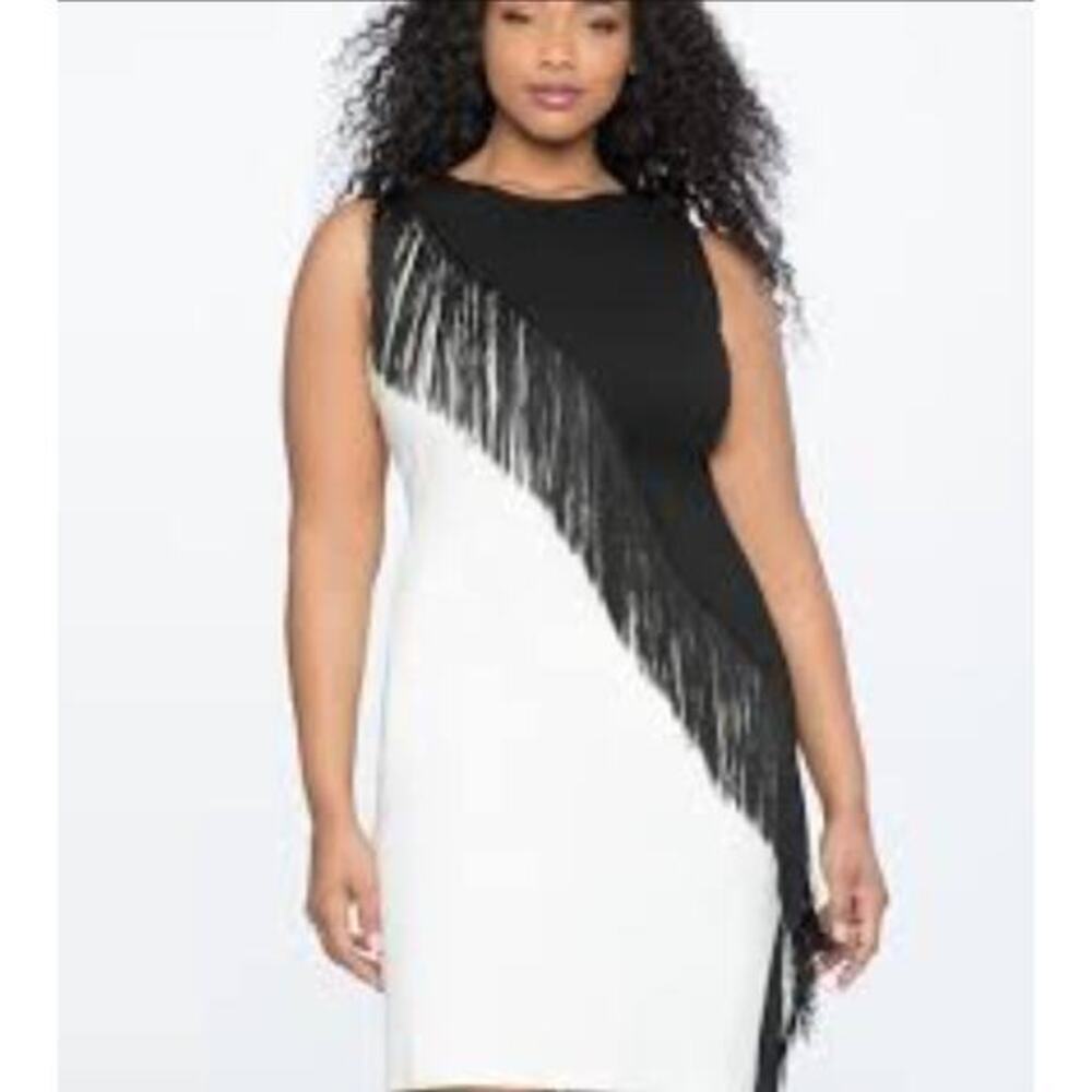 New! Eloquii black and white color block fringe detail‎ sheath dress, size 24